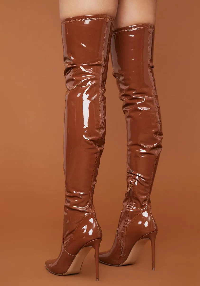 Brown Patent Viktory Knee High Boots