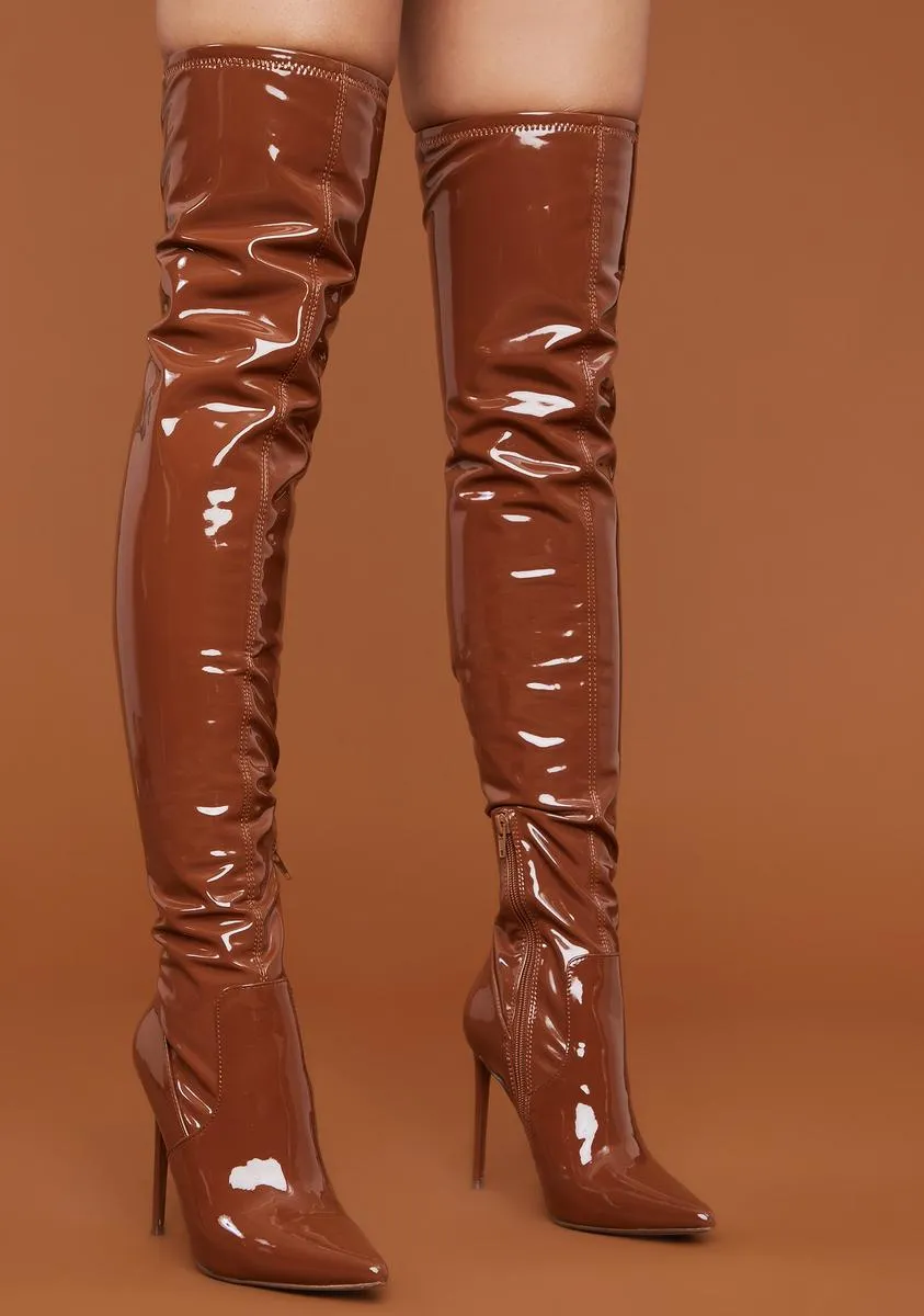 Brown Patent Viktory Knee High Boots