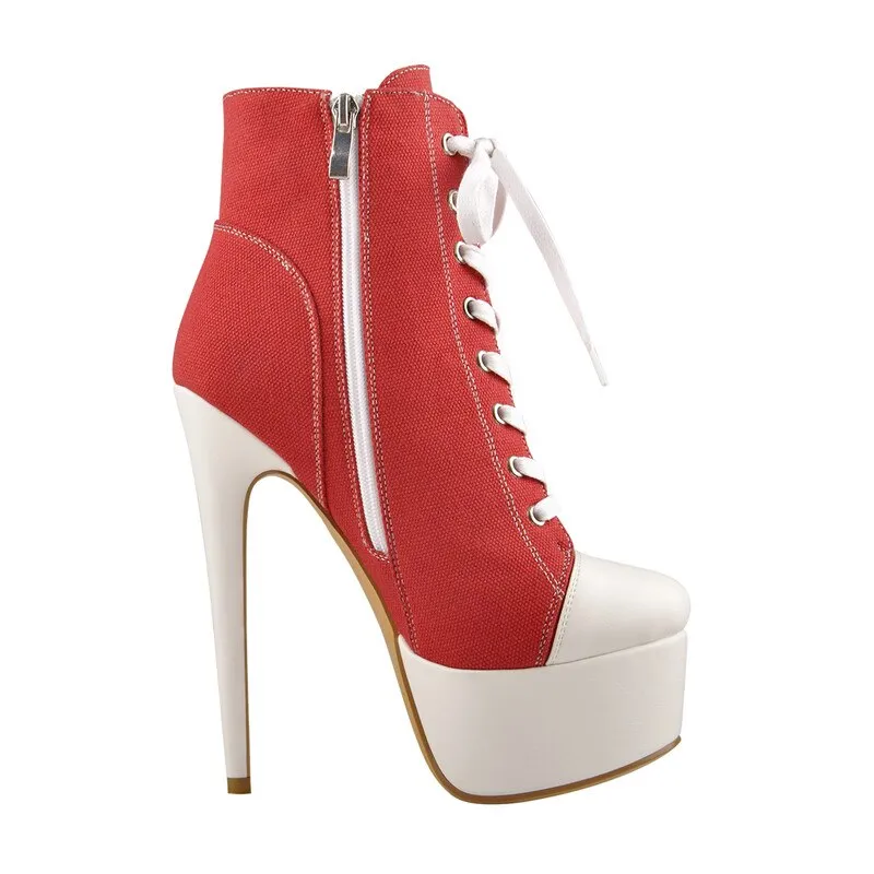 Canvas Lace-Up Sneaker Platform 16cm High Heel Side Zipper Stiletto Ankle Boots
