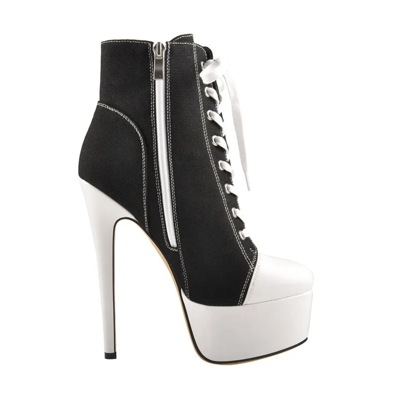 Canvas Lace-Up Sneaker Platform 16cm High Heel Side Zipper Stiletto Ankle Boots