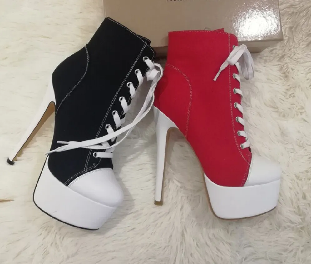 Canvas Lace-Up Sneaker Platform 16cm High Heel Side Zipper Stiletto Ankle Boots
