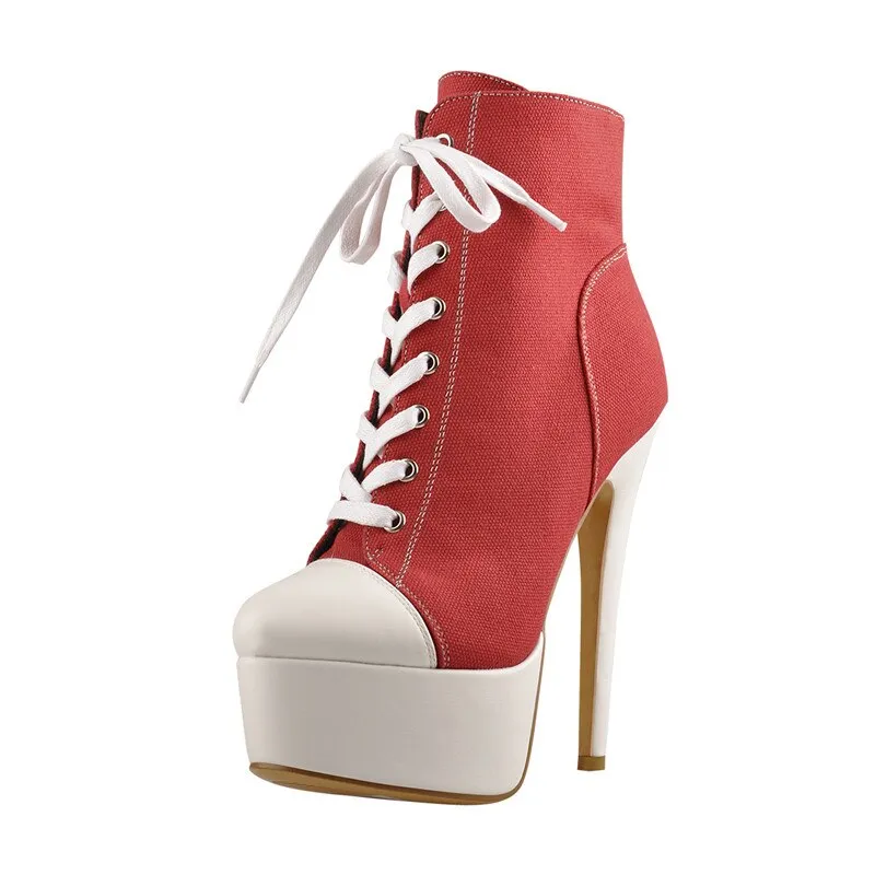 Canvas Lace-Up Sneaker Platform 16cm High Heel Side Zipper Stiletto Ankle Boots