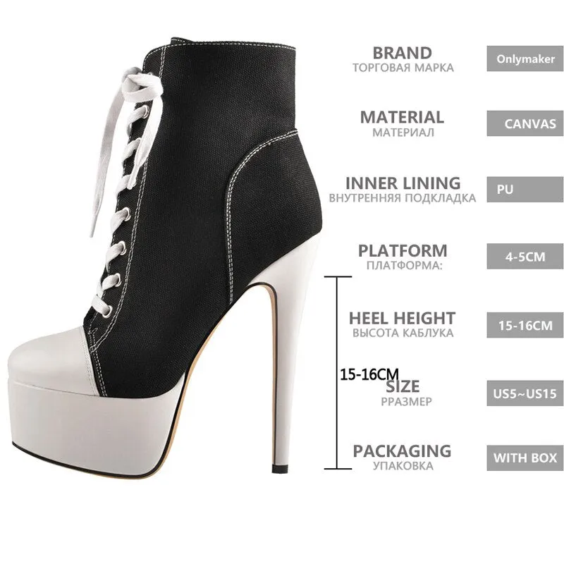 Canvas Lace-Up Sneaker Platform 16cm High Heel Side Zipper Stiletto Ankle Boots