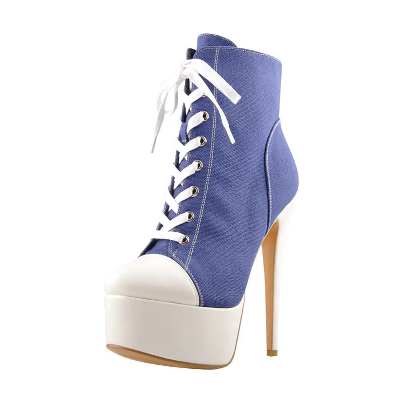 Canvas Lace-Up Sneaker Platform 16cm High Heel Side Zipper Stiletto Ankle Boots