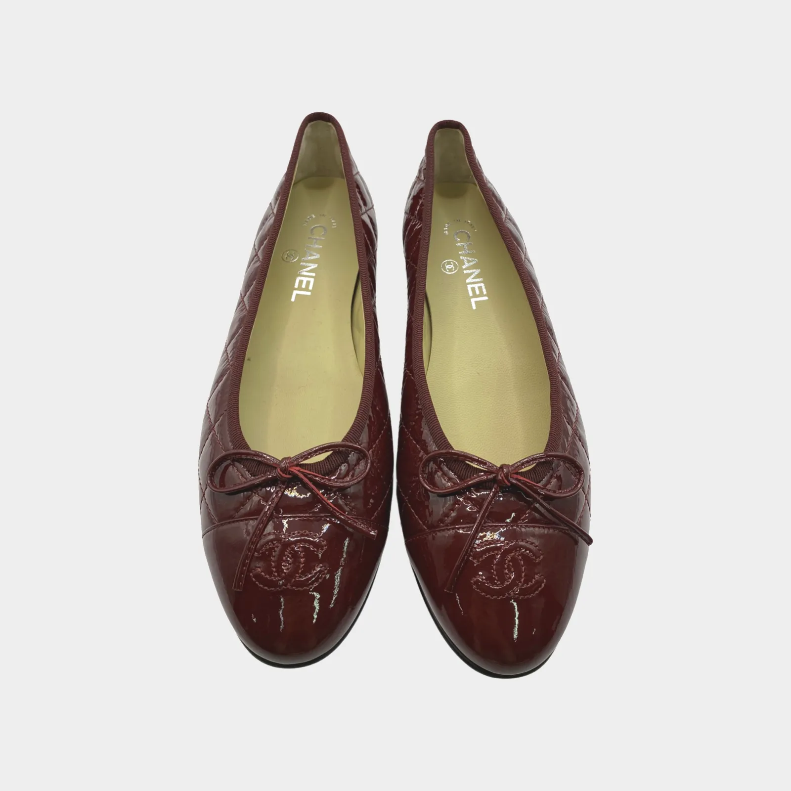 Chanel burgundy quilted patent leather CC bow ballet flats