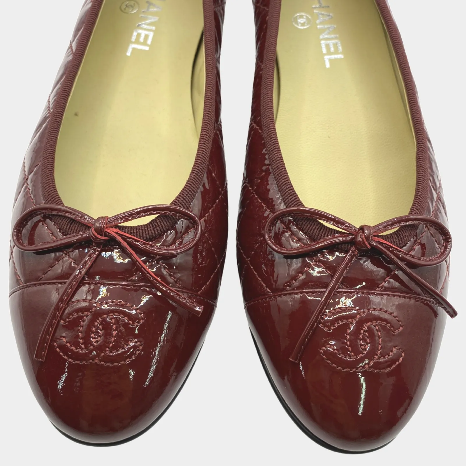 Chanel burgundy quilted patent leather CC bow ballet flats
