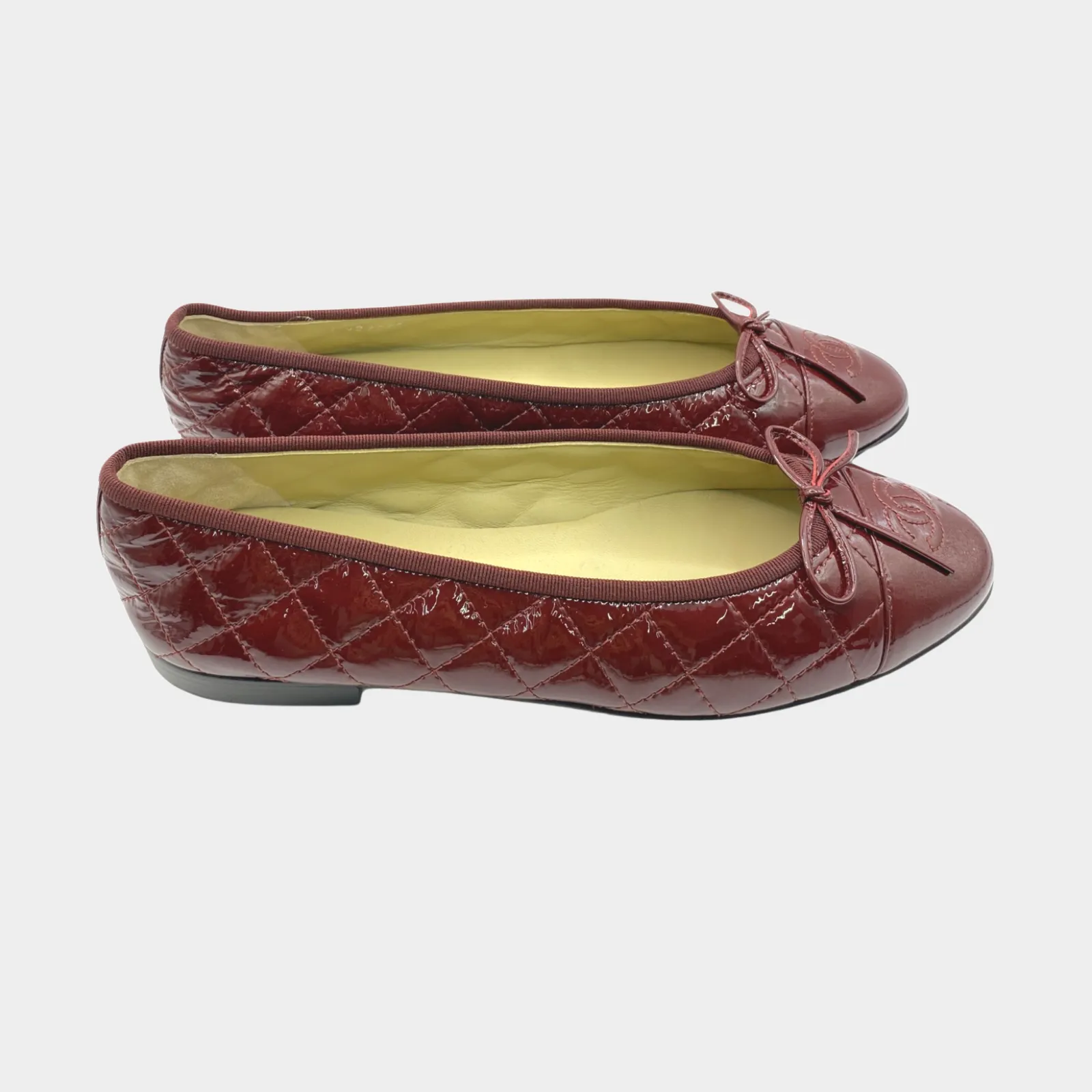 Chanel burgundy quilted patent leather CC bow ballet flats