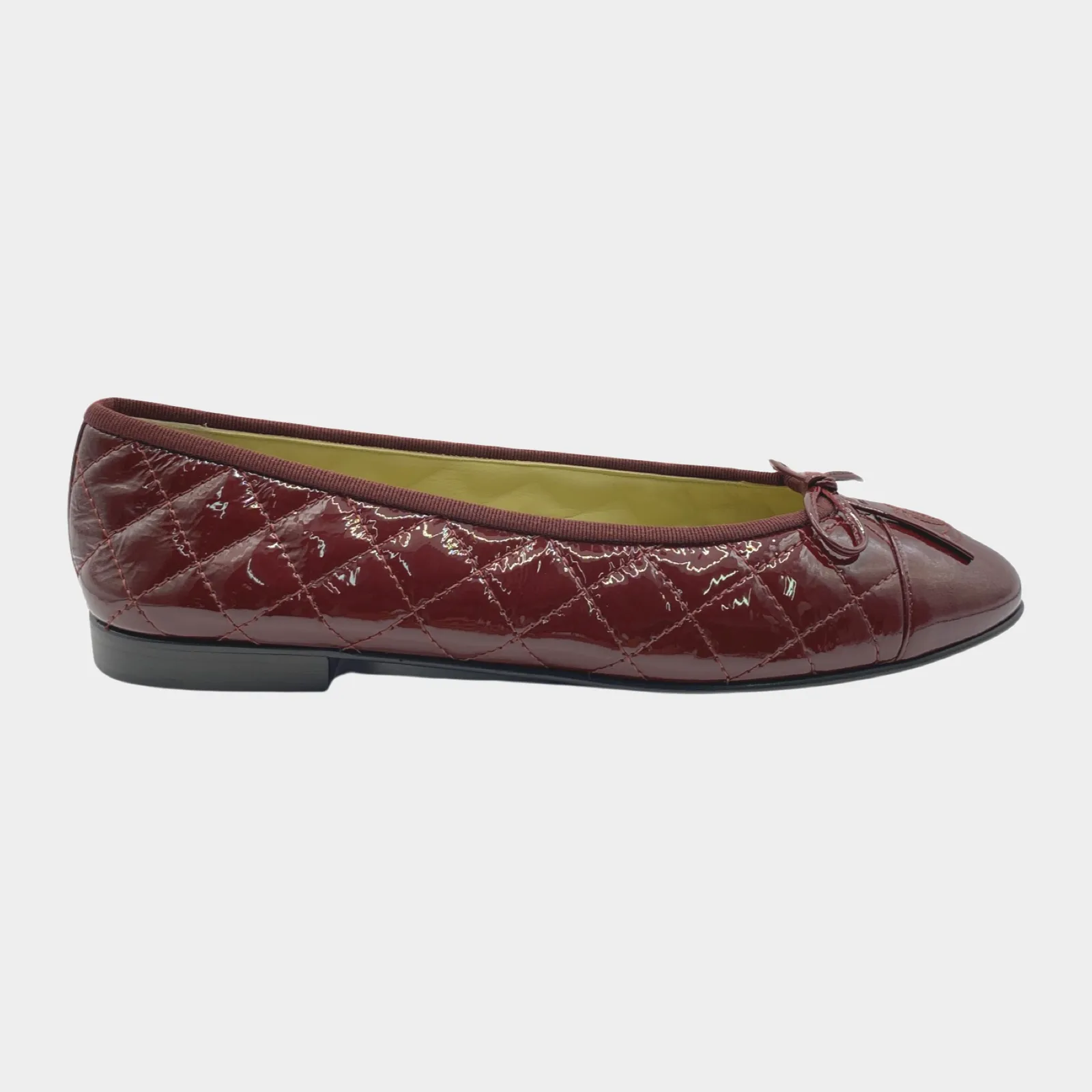 Chanel burgundy quilted patent leather CC bow ballet flats