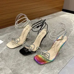 Elegant Crystal Bow Transparent Heels – Chic & Stylish