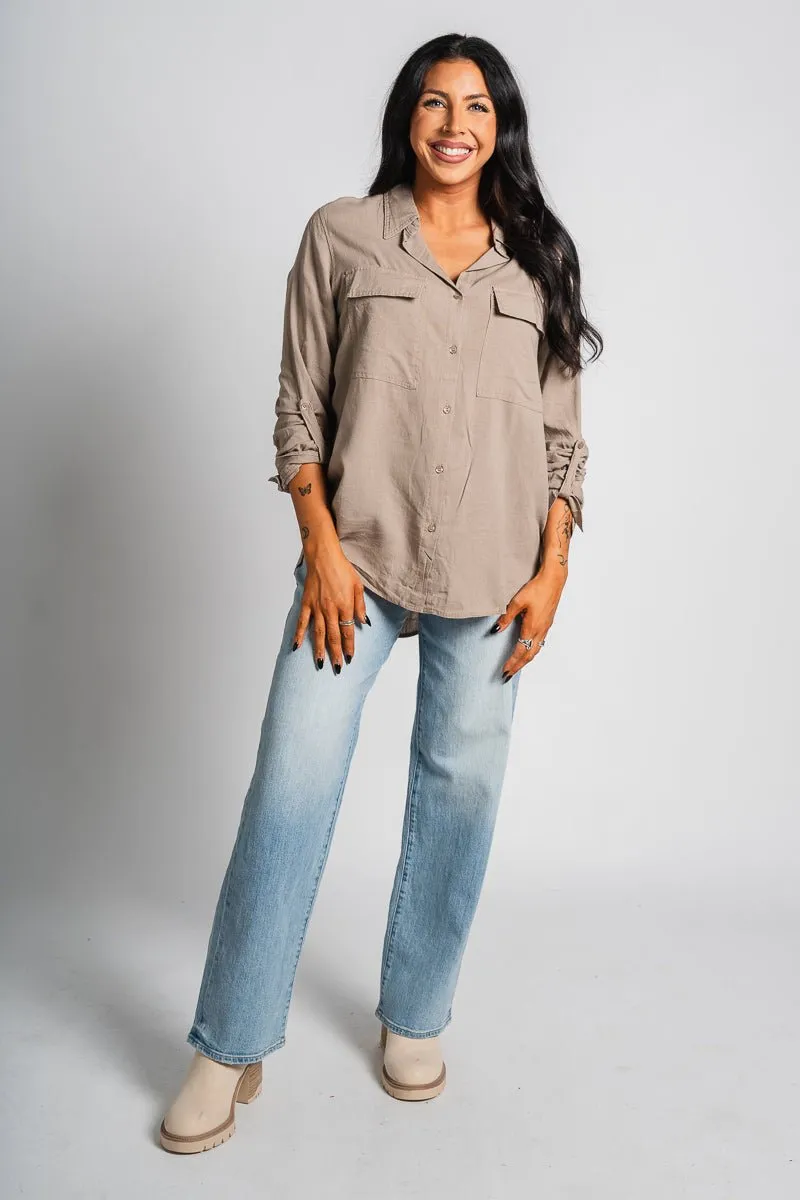 Linen button down top mushroom
