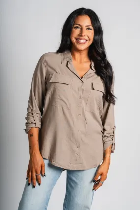 Linen button down top mushroom