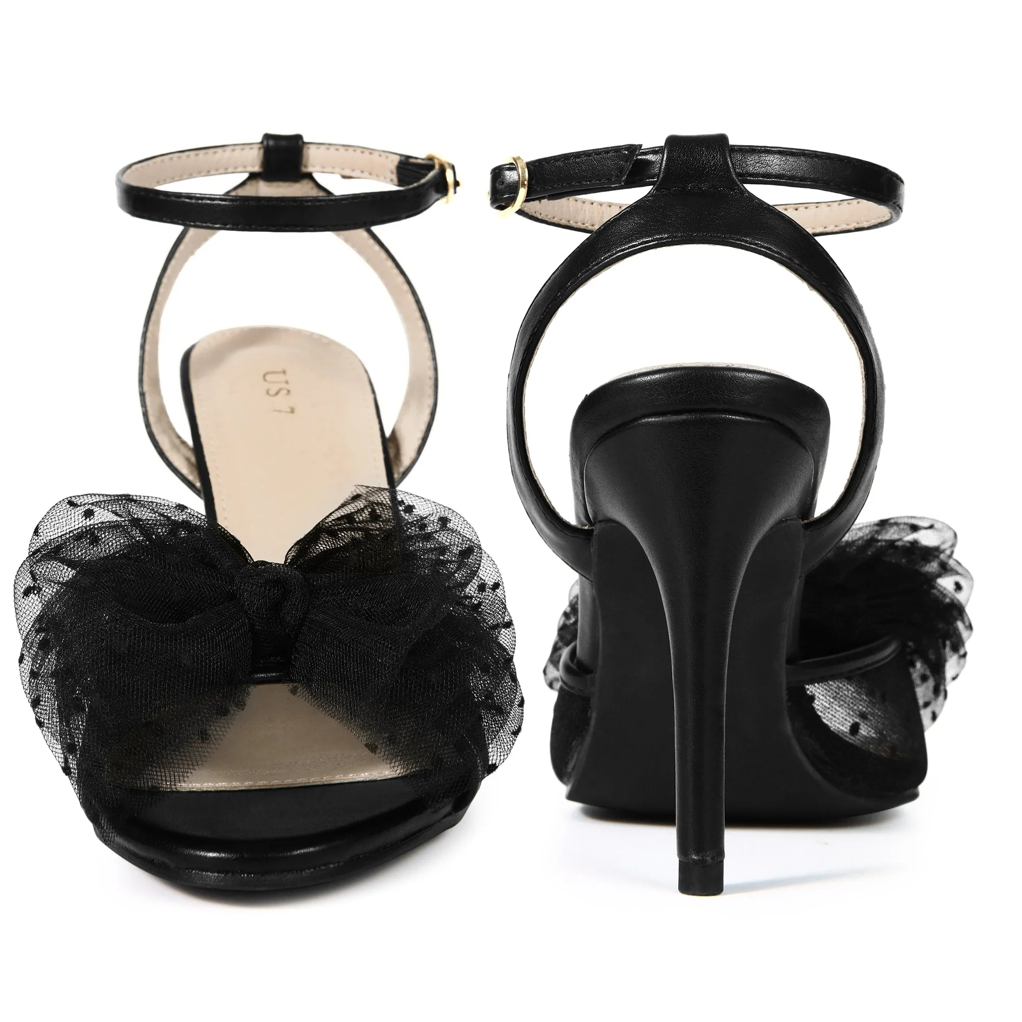 Mesh Bow Ankle Strap Slingback Stiletto Heels Sandals for Women