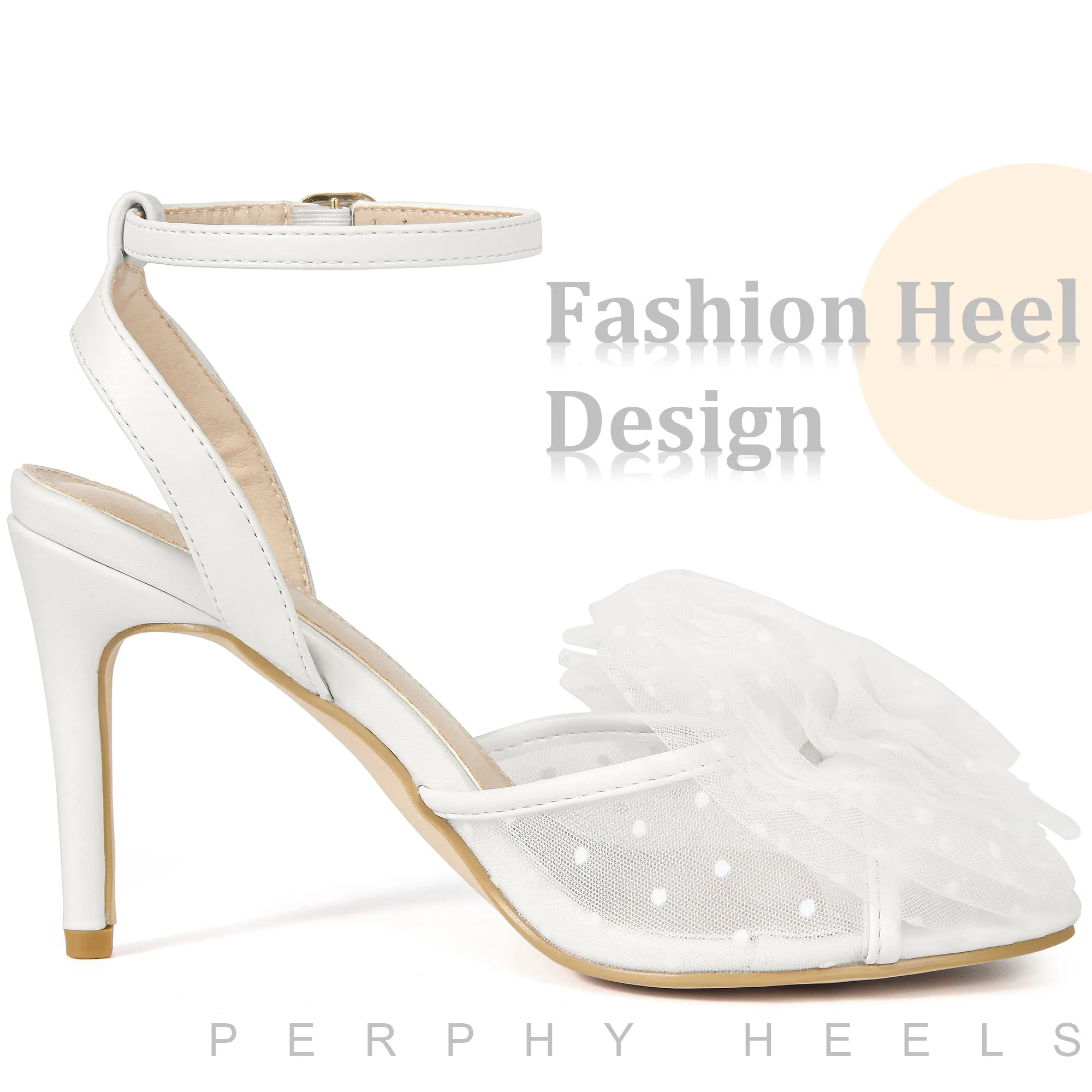 Mesh Bow Ankle Strap Slingback Stiletto Heels Sandals for Women
