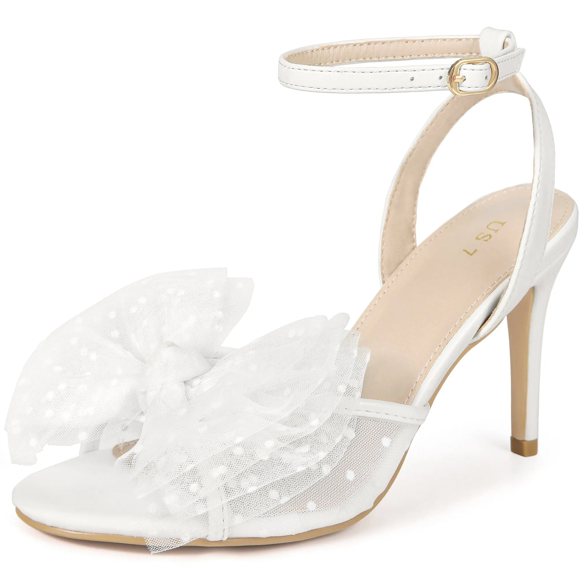 Mesh Bow Ankle Strap Slingback Stiletto Heels Sandals for Women