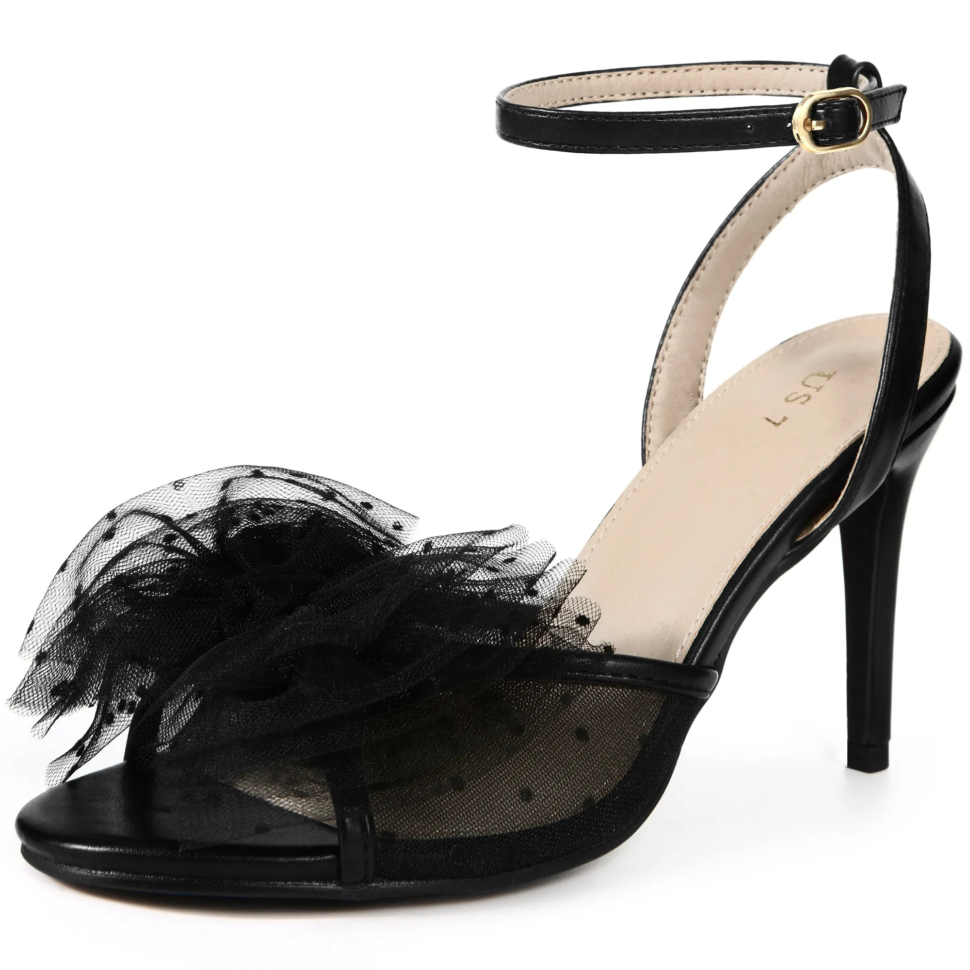 Mesh Bow Ankle Strap Slingback Stiletto Heels Sandals for Women