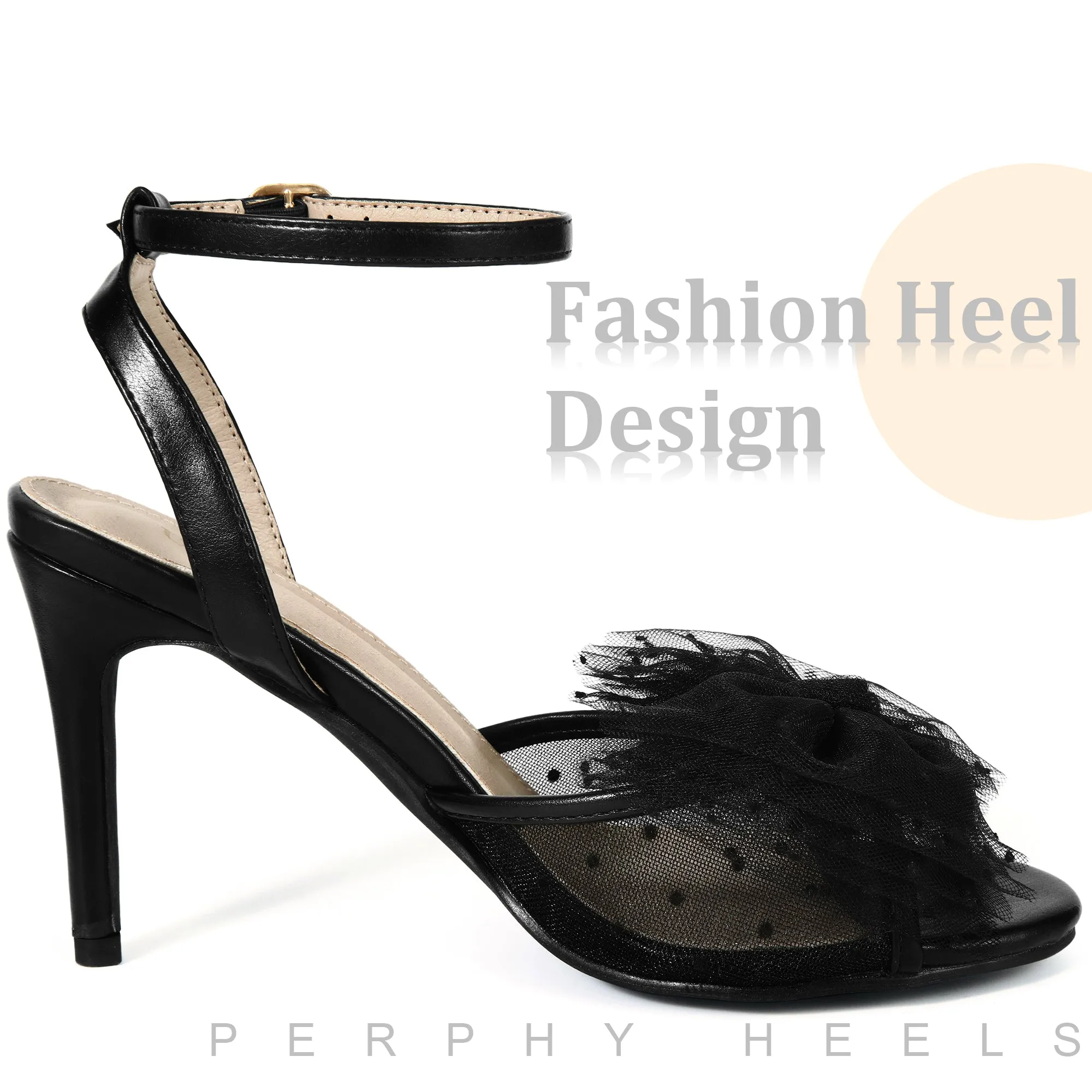 Mesh Bow Ankle Strap Slingback Stiletto Heels Sandals for Women
