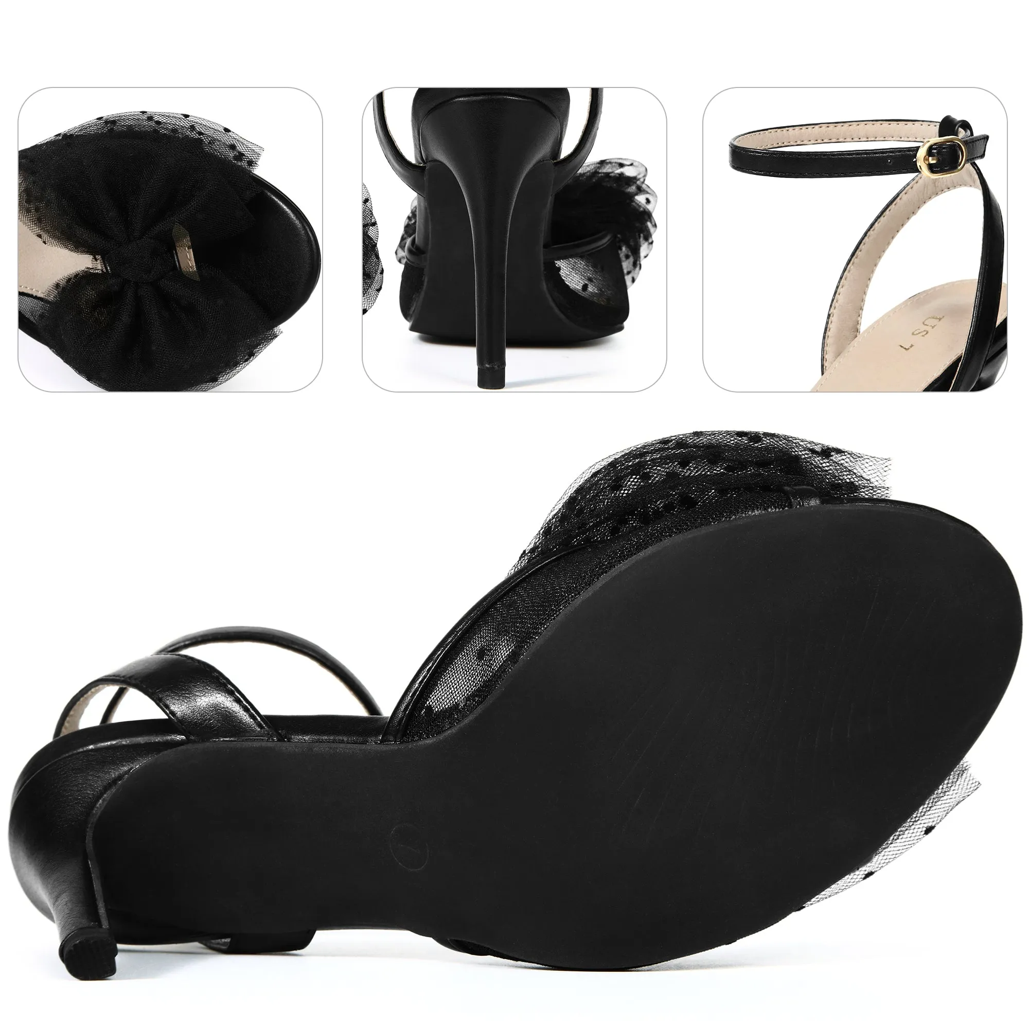Mesh Bow Ankle Strap Slingback Stiletto Heels Sandals for Women