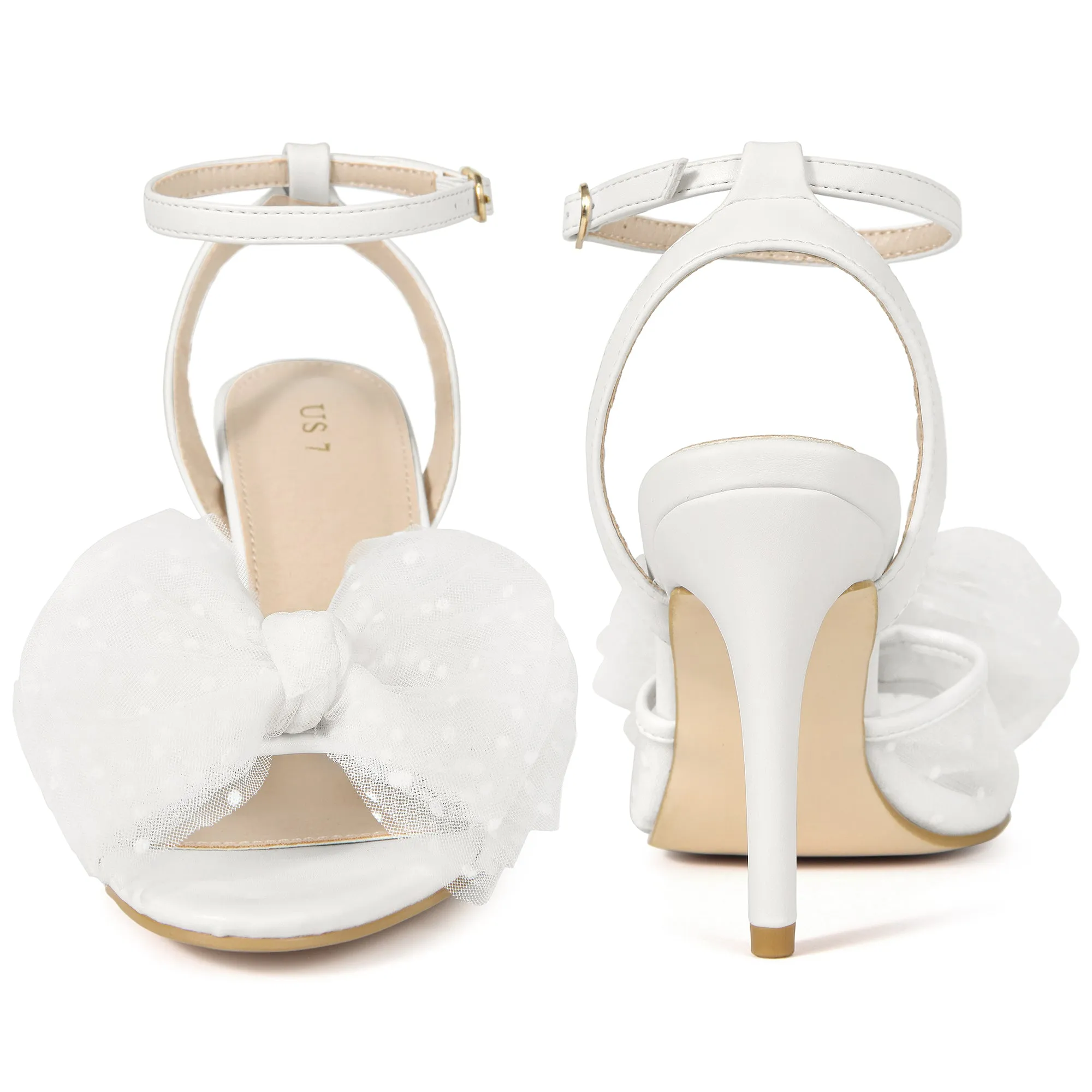 Mesh Bow Ankle Strap Slingback Stiletto Heels Sandals for Women