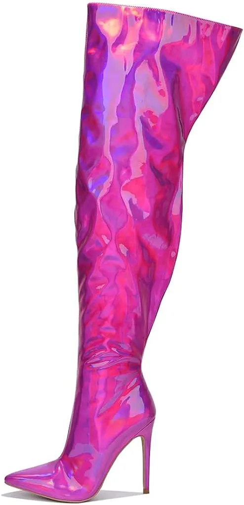 Metallic Fashion Style Green Holographic Stiletto Over The Knee Boots