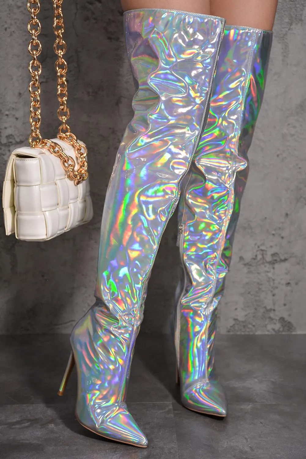 Metallic Fashion Style Green Holographic Stiletto Over The Knee Boots