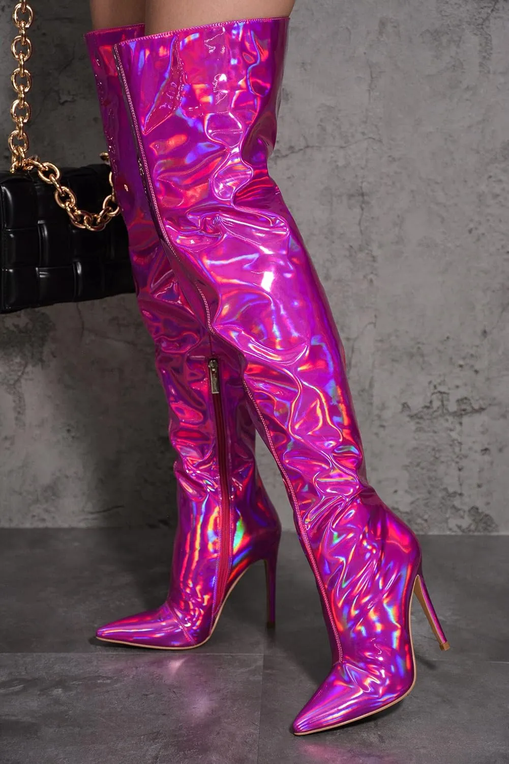 Metallic Fashion Style Green Holographic Stiletto Over The Knee Boots