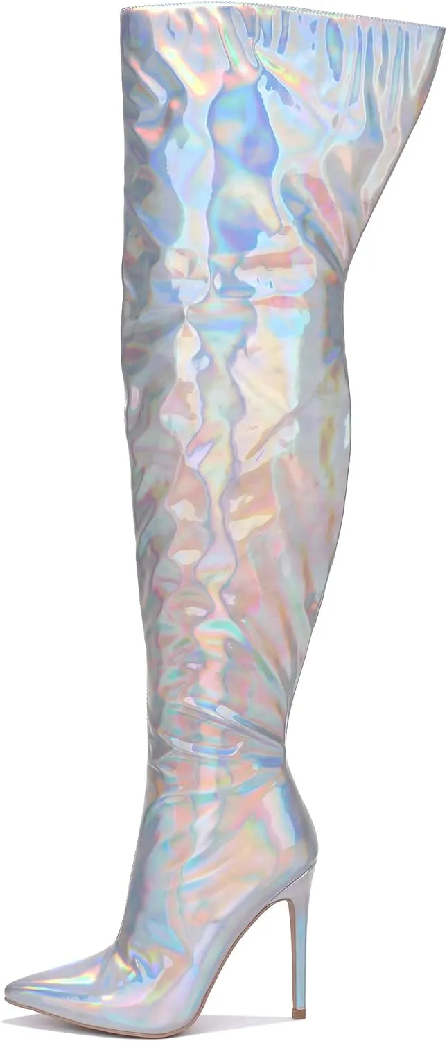 Metallic Fashion Style Green Holographic Stiletto Over The Knee Boots