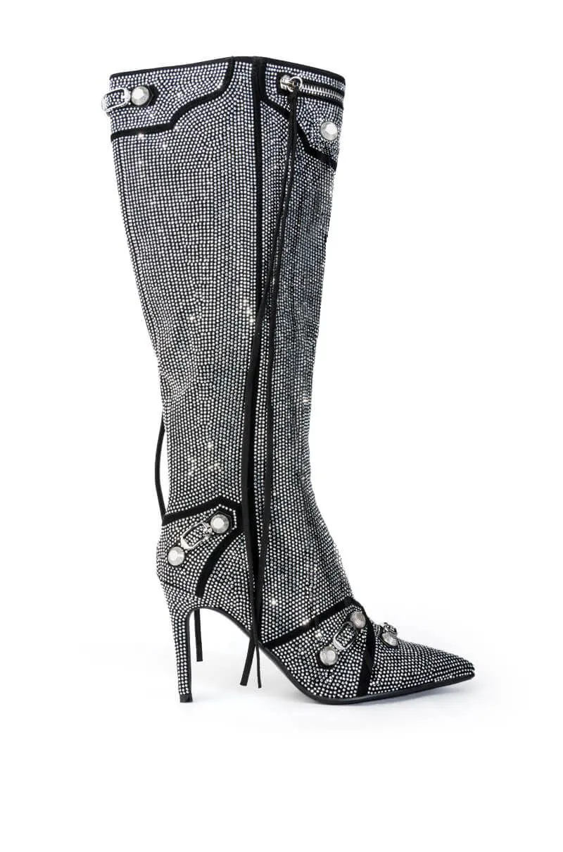 Pointed Toe Stiletto Heel Side Zipper Rivet Buckle Over-the-Knee Boots