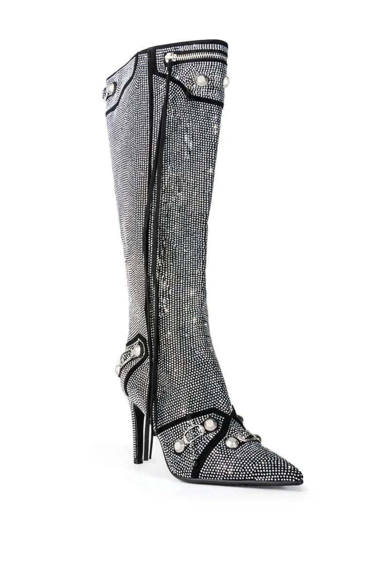 Pointed Toe Stiletto Heel Side Zipper Rivet Buckle Over-the-Knee Boots