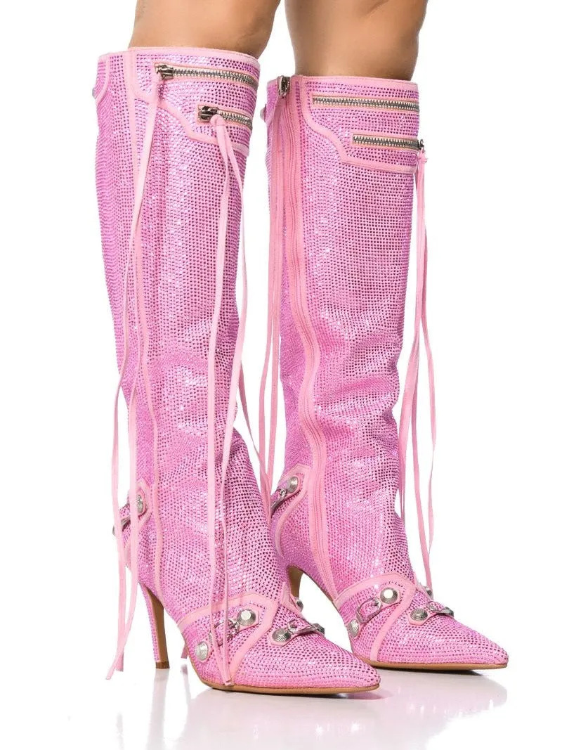 Pointed Toe Stiletto Heel Side Zipper Rivet Buckle Over-the-Knee Boots